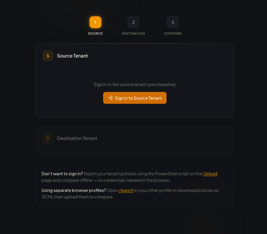 IntuneLens connect: source tenant sign-in and offline export hints