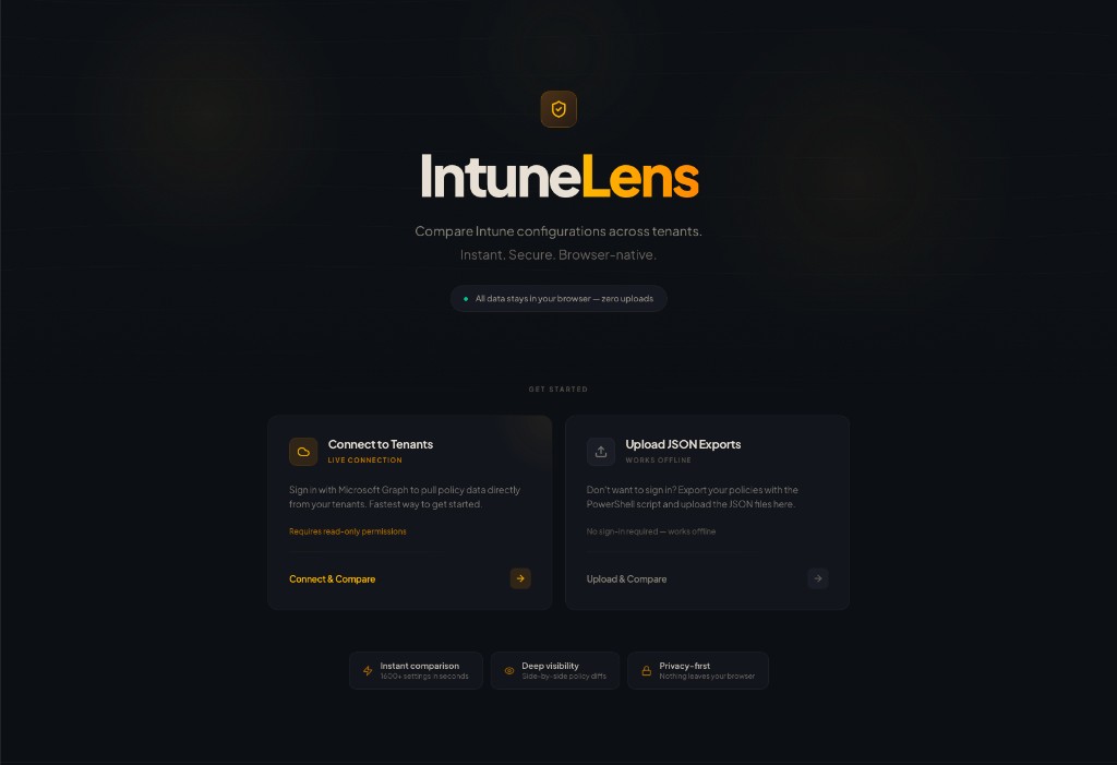 IntuneLens home: Connect to Tenants or Upload JSON Exports