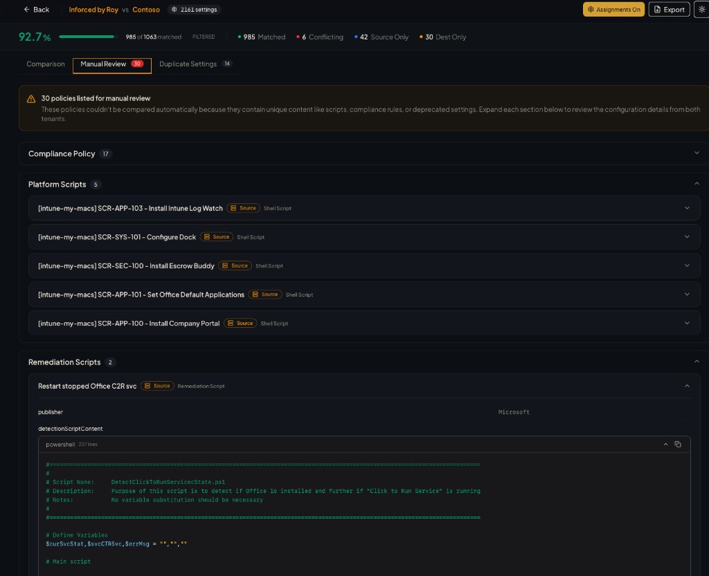 IntuneLens Manual Review tab with scripts