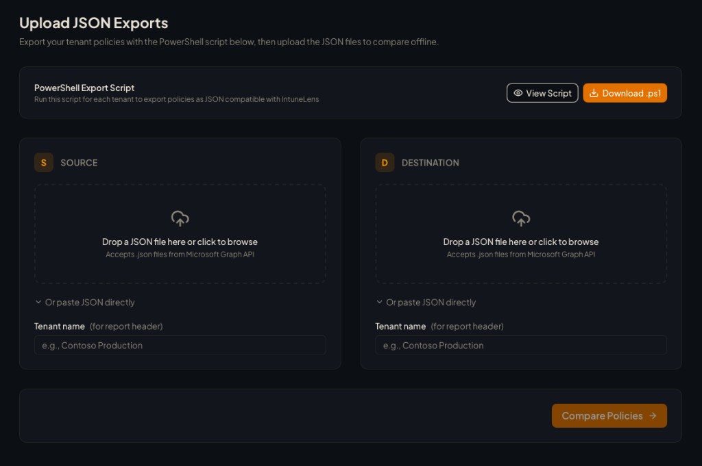 IntuneLens upload page with PowerShell export script and empty drop zones