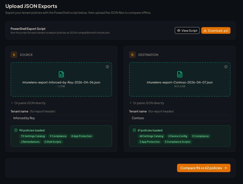 IntuneLens upload with JSON loaded for two tenants