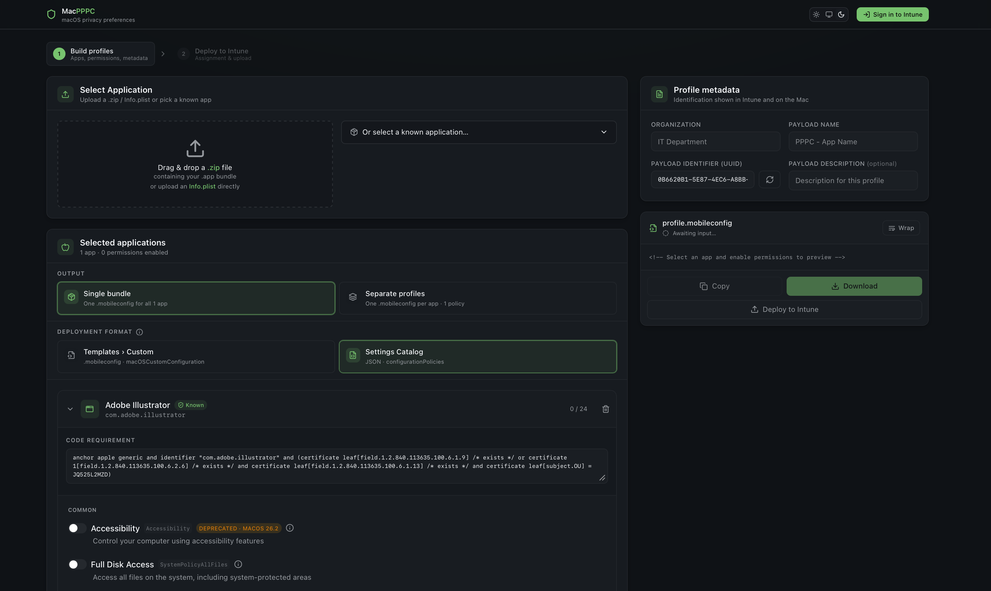 MacPPPC build screen: Adobe Illustrator selected with its verified code requirement, the Settings Catalog deployment format chosen, the 24 permission toggles, and the live profile preview in the right rail