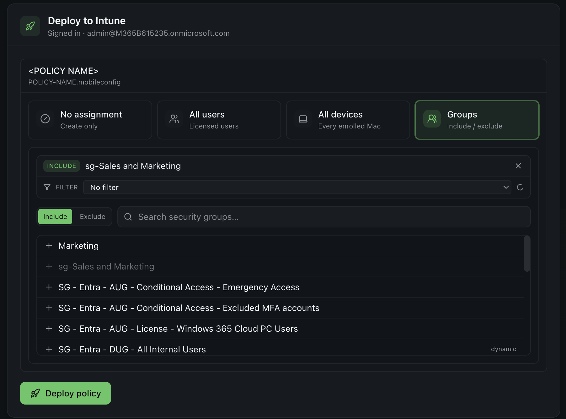 MacPPPC group assignment panel: include/exclude security groups with live search across the tenant's Entra groups and an optional assignment filter