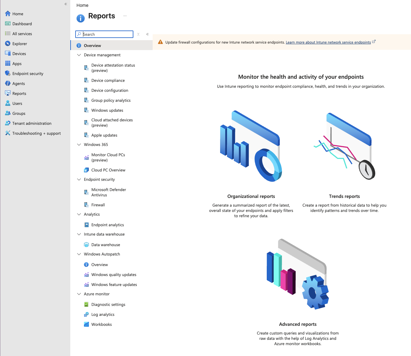 Microsoft Intune admin center Reports overview page, showing Device management, Endpoint security, Analytics and other report categories in the left navigation.