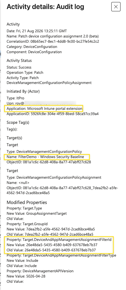 Intune audit log activity details pane showing a Patch of a DeviceManagementConfigurationPolicyAssignment on the FilterDemo Windows Security Baseline policy, performed by the Microsoft Intune portal extension.