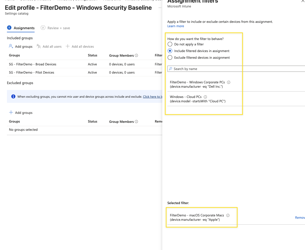 Intune assignment filter panel showing a picker list containing only Windows platform filters, while a Selected filter section at the bottom shows a macOS filter with a Remove link.