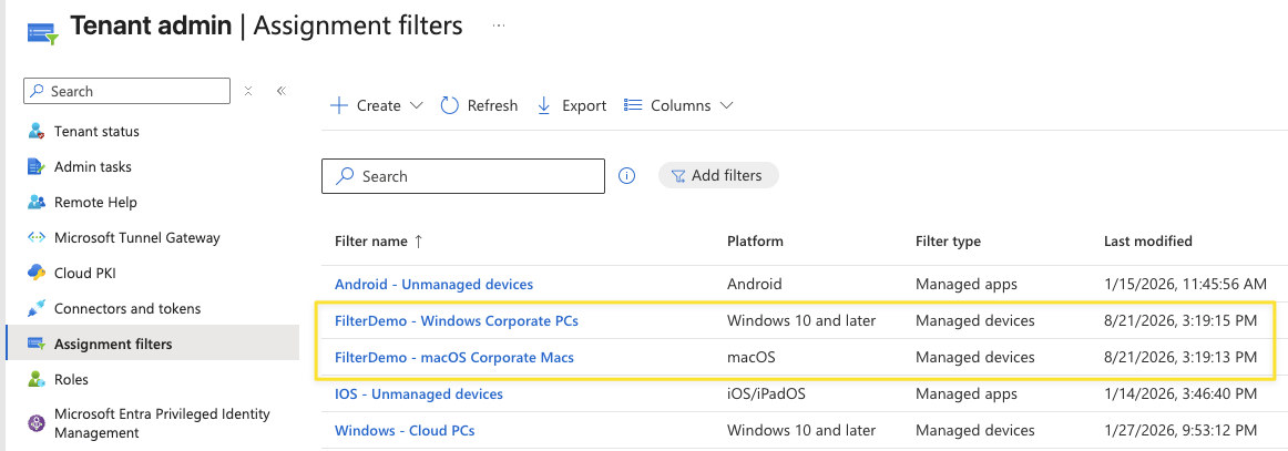 Intune admin center list of assignment filters, showing a macOS filter and a Windows 10 and later filter highlighted among existing filters, with a Platform column.