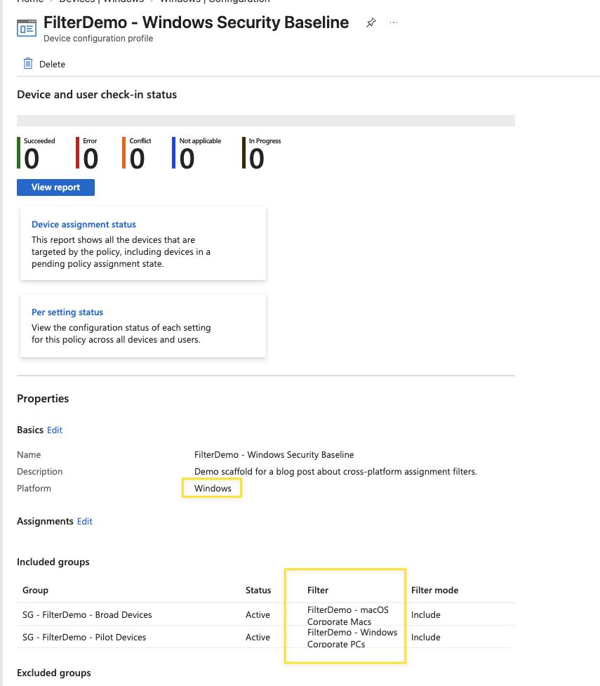 Intune configuration policy overview showing Platform Windows, and an Included groups table with two rows, one filtered by a macOS filter and one by a Windows filter, both with status Active.